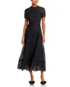 ml Monique Lhuillier Lace Short-sleeve A-line Midi Dress In Jet
