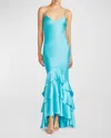 ml Monique Lhuillier Lenora High-low Satin Mermaid Gown In Bright Aqua