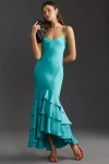 ml Monique Lhuillier Lenora High-low Satin Mermaid Gown In Blue