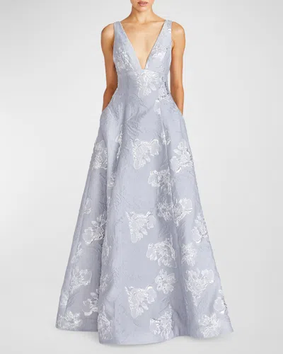 ml Monique Lhuillier Madeline Floral Jacquard Gown In Silver