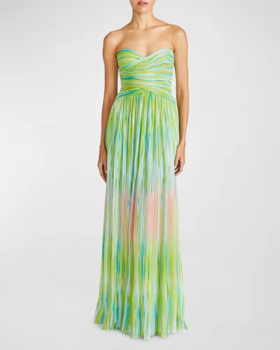 ml Monique Lhuillier Mila Pleated Print Strapless Chiffon Gown In Electric Stripe