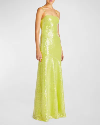 ml Monique Lhuillier Neomi Sleeveless Square-neck Sequin Gown In Wild Lime