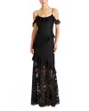 ml Monique Lhuillier Siennaruffle Cold Shoulder Lace Gown Dress In Black In Black
