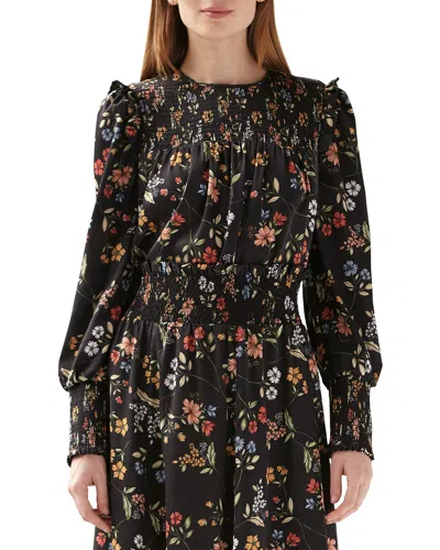 ml Monique Lhuillier Smocked Floral Long-sleeve Top In Black