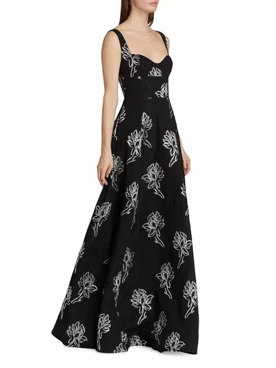 ml Monique Lhuillier Thalia Floral Jacquard A-line Gown In Black And Silver