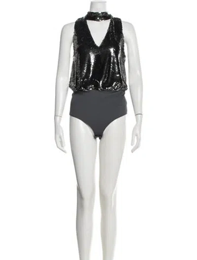 Pre-owned ml Monique Lhuillier Tie Neck Sleeveless Bodysuit In Grey