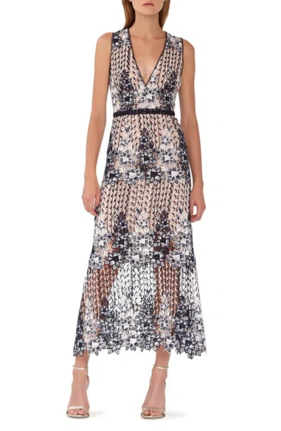 ml Monique Lhuillier Two Tone Lace Tea Length Dress In Black