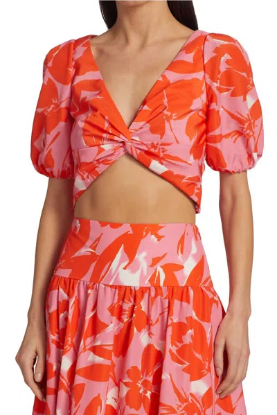 ml Monique Lhuillier V-neck Short Sleeve Twisted Front Crop Top In Dancing Peony Bubble Gum In Multi