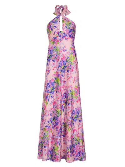 ml Monique Lhuillier Women's Rose Satin Halter Maxi Dress In Pearl Pink Garden