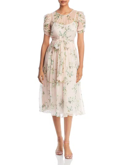 ml Monique Lhuillier Gathered Floral-print Georgette Midi Dress In Beige