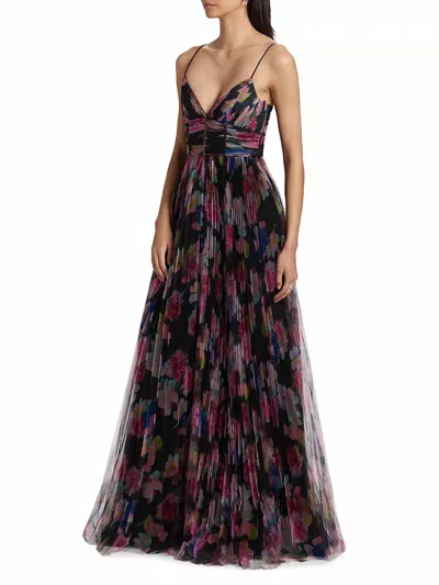 ml Monique Lhuillier Yvonne Floral Pleated Tulle Gown In Black Starry Rose