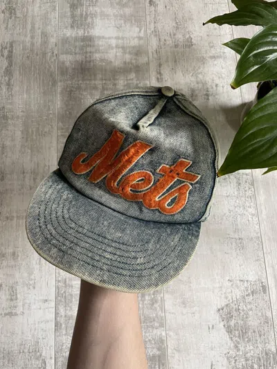 Pre-owned Mlb X Retro Hat Vintage New York Mets Hat Cap 80's Denim Faded In Grey