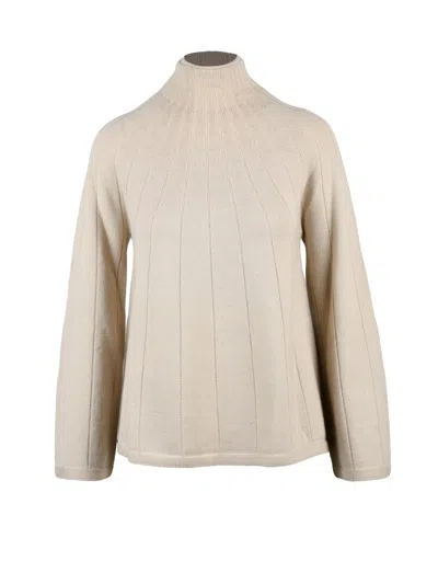 Mm By Max Mara Flared Knit Top With High Neck And Ribbed Texture In Neutral
