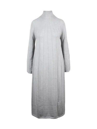 Mm By Max Mara Long Knit Dress With Ribbed Texture And High Neckline In Gray