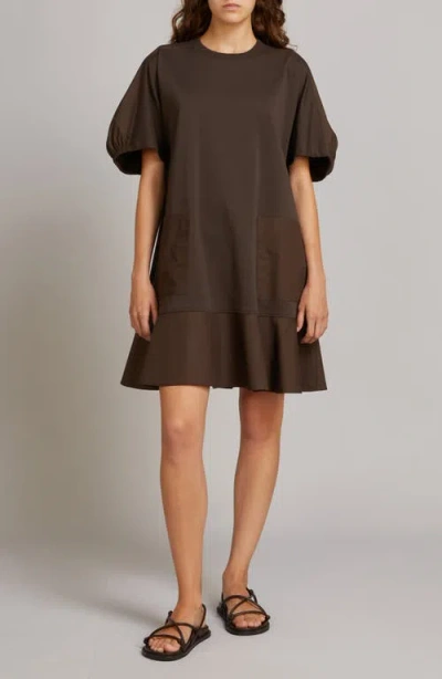 Mm By Max Mara Onore Puff Sleeve Ruffle Hem Mixed Media Shift Dress In Brown