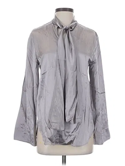 Pre-owned Mm. Lafleur Long Sleeve Silk Top Gray Metallic Pattern Tie Neck Tops