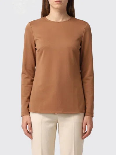 Mm Max Mara Long-sleeved Crew Neck Top In Crêpe In Brown