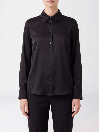 Mm Max Mara Long-sleeved Stretch-silk Satin Shirt With Classic Collar In Black