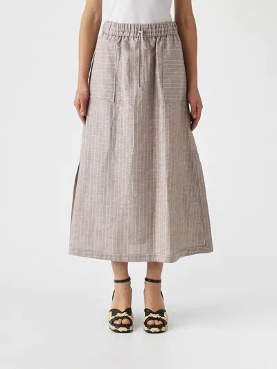 Mm Max Mara Midi Skirt In Striped Linen And Cotton In Gray