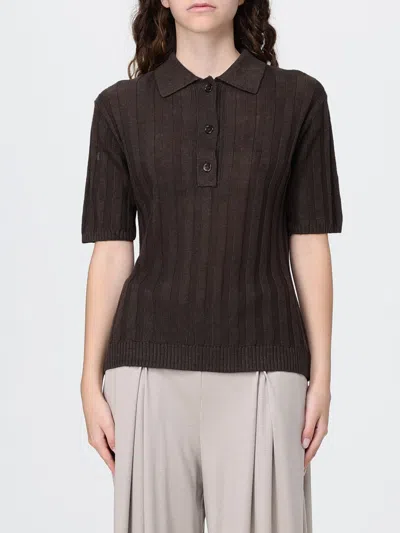 Mm Max Mara Short-sleeved Slim Fit Polo In 100% Linen Knit In Brown