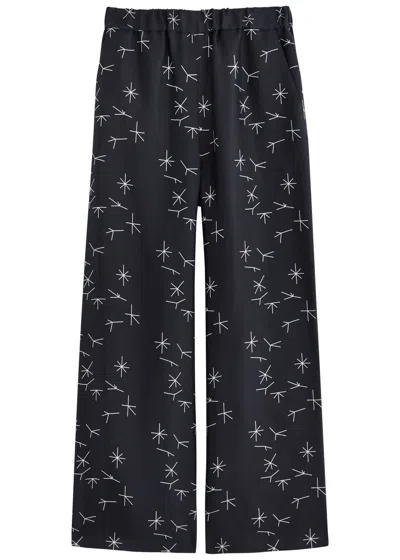 Mm Printed Wide-leg Silk-twill Trousers In Navy