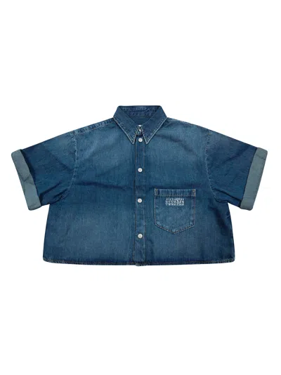 Mm6 Junior Mini Denim Crop Shirt In Blue