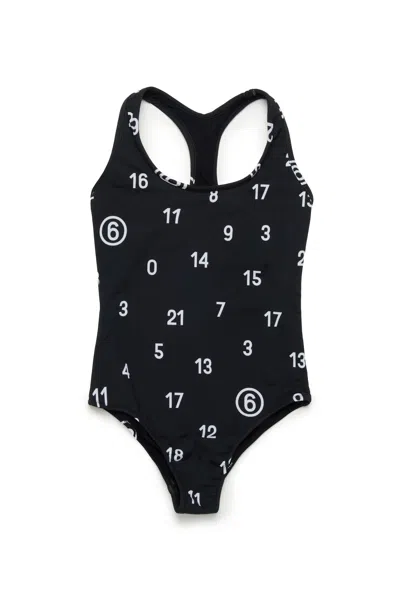 Mm6 Maison Margiela Kids' Allover Numeric Logo One-piece Swimsuit In Black