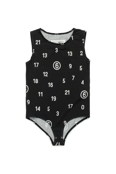Mm6 Maison Margiela Kids' Allover Numeric Logo Stretch Jersey Bodysuit In Black