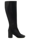 Mm6 Maison Margiela Stivale Knee-high Black Leather Boots With Anatomic Toe And Upper Stitching In Black