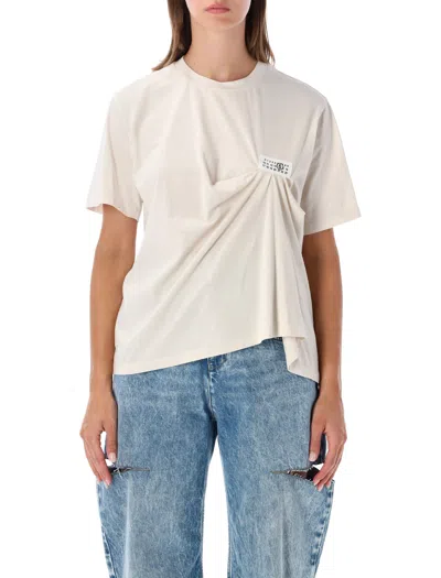 Mm6 Maison Margiela Asymmetrical Draped Front Cotton Jersey T-shirt With Numeric Label In White