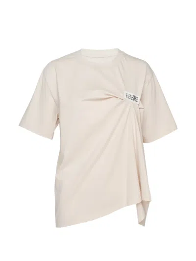 Mm6 Maison Margiela Powder Asymmetrical Draped Short-sleeved Cotton Top In Neutral