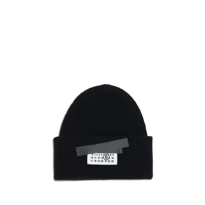 Mm6 Maison Margiela Mm6 By Maison Margiela Ribbed Knit Wool Beanie With Folded Cuff And Label In Black
