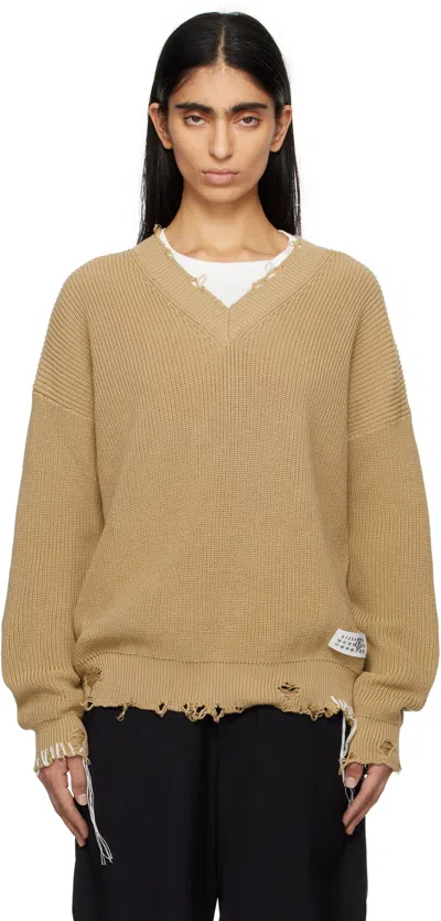 Mm6 Maison Margiela Beige Eaten Knit V-neck Sweater In 119 Beige