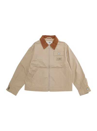 Mm6 Maison Margiela Kids' Beige Jacket With Classic Collar And Logo Patch On The Front In Cotton Boy In Neutral