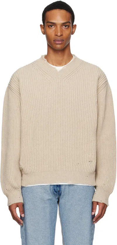 Mm6 Maison Margiela Beige Ribbed Wool Knit Sweater In Brown