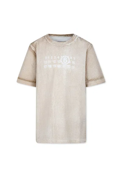 Mm6 Maison Margiela Beige T-shirt For Kids With Numbers Print In Ivory