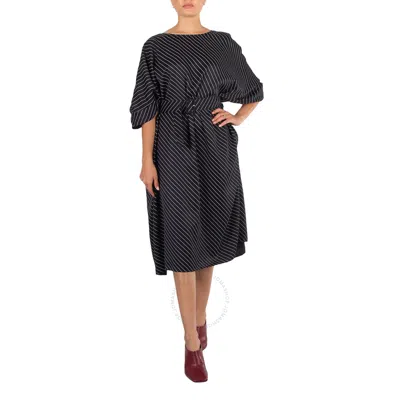 Mm6 Maison Margiela Belted Striped Viscose Midi Dress In White/black