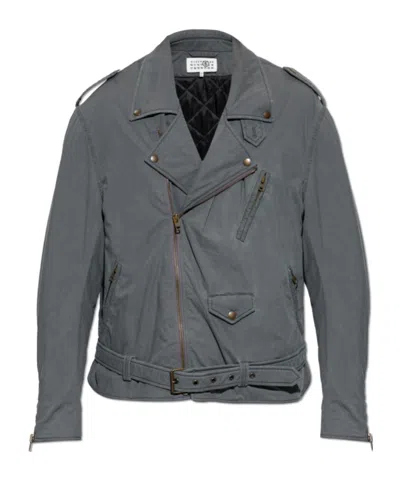 Mm6 Maison Margiela Belted Zip-up Biker Jacket In Gray
