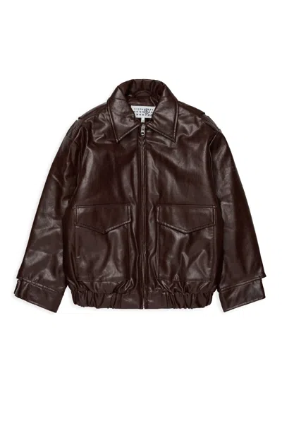 Mm6 Maison Margiela Kids' Biker Jacket With Printed Logo In Brown