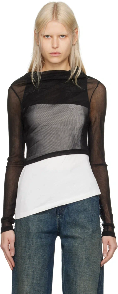Mm6 Maison Margiela Black Asymmetric Long Sleeve T-shirt In 961 Black/white