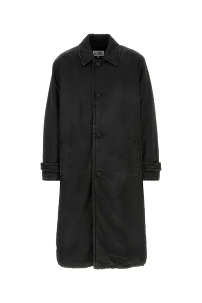 Mm6 Maison Margiela Long Cotton Blend Overcoat With Cuff And Side Pockets In Black