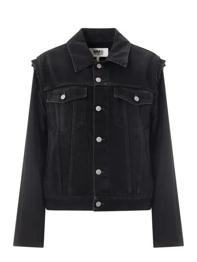 Mm6 Maison Margiela Black Denim Jacket With Fabric Sleeves In Blue