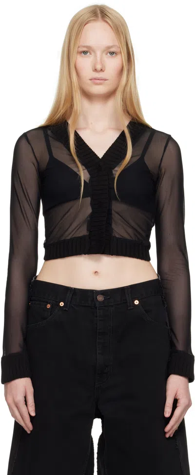 Mm6 Maison Margiela Black Elastic Jersey Mesh Long-sleeved Cardigan