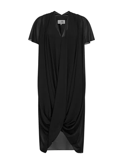 Mm6 Maison Margiela Black Georgette Asymmetric Draped Dress