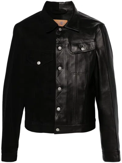 Mm6 Maison Margiela Black Half-leather Denim Jacket In Schwarz