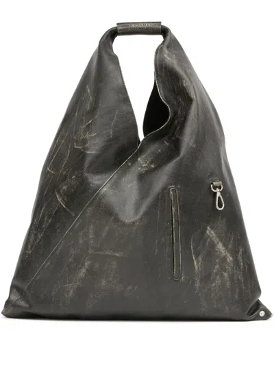Mm6 Maison Margiela Black Japanese Medium Leather Tote Bag In Silver