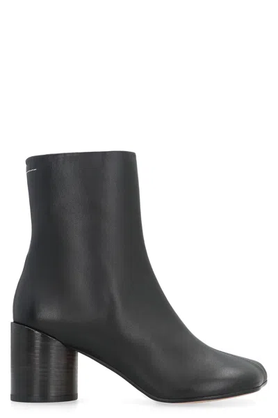 Mm6 Maison Margiela Black Leather Ankle Boots For Women With Cylindrical Heels And Square Toeline