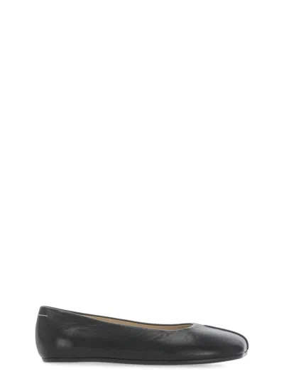 Mm6 Maison Margiela Black Leather Ballerinas With Square Toe And Iconic Stitches