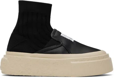 Mm6 Maison Margiela Black Leather Knit Sock Platform Sneakers In T8013 Black