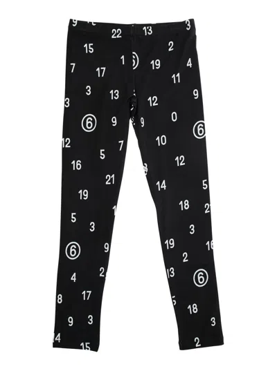 Mm6 Maison Margiela Kids' Black Pants With All-over Number Print In Viscose Blend Girl